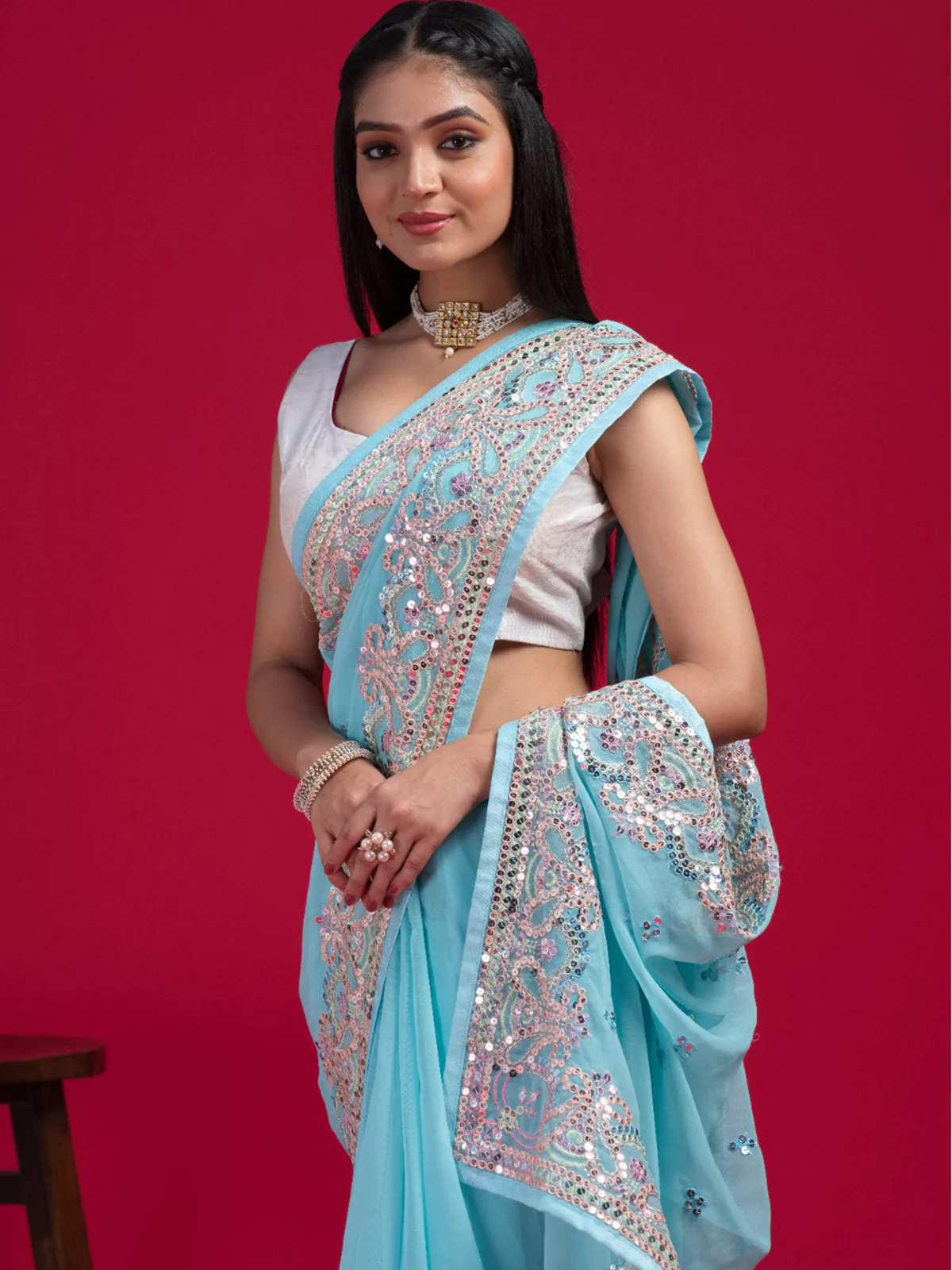 Odette Women Blue Georgette Embroidered Saree With Unstitched Blouse - Image 3
