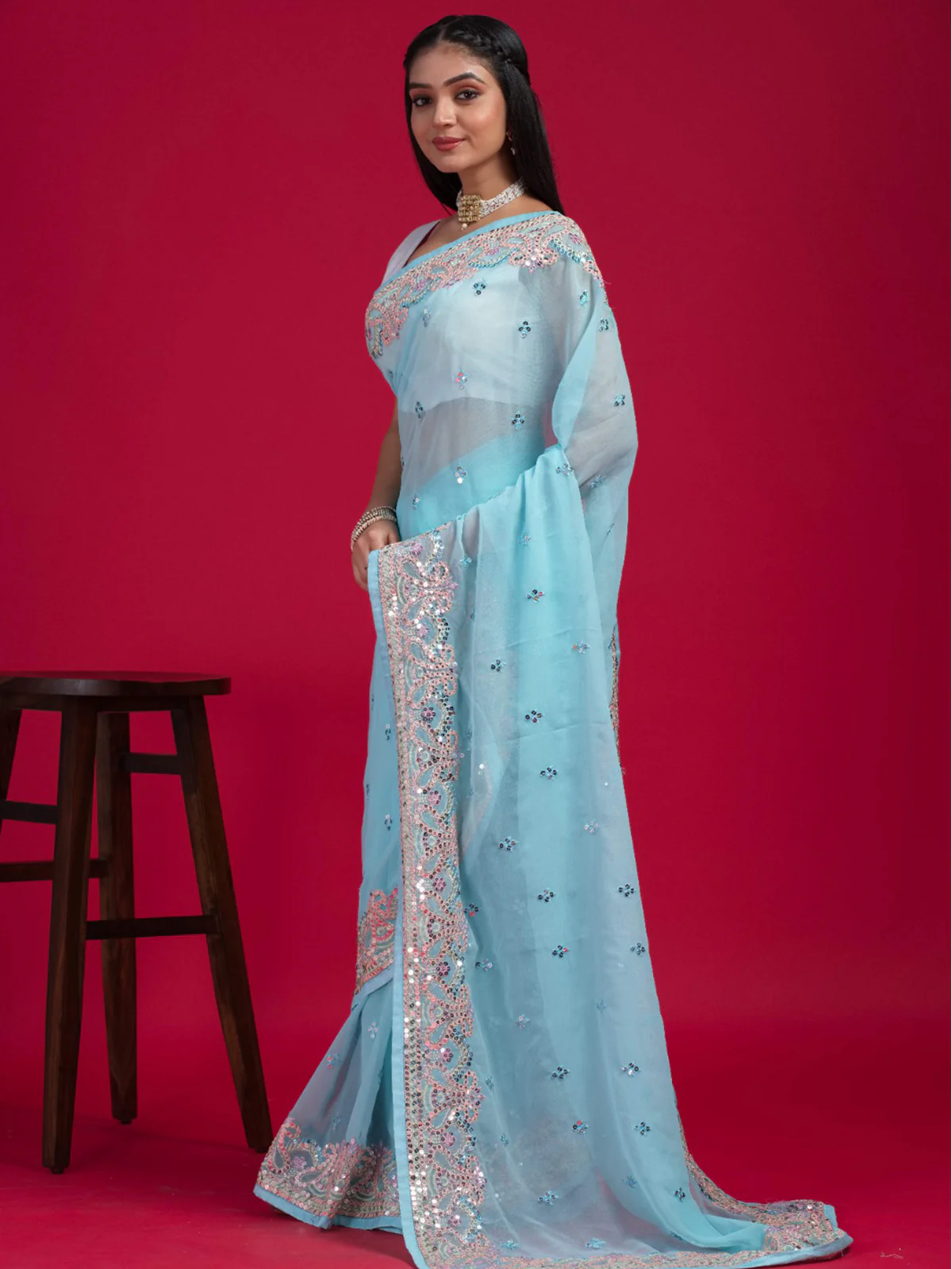 Odette Women Blue Georgette Embroidered Saree With Unstitched Blouse - Image 6
