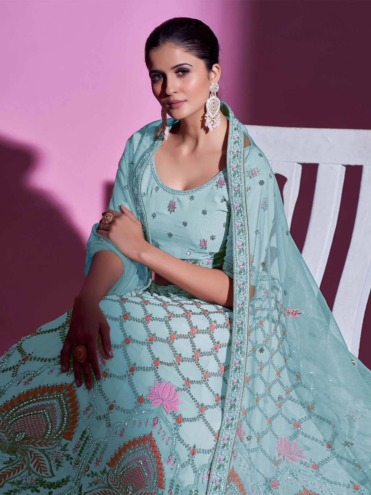 Odette Women Blue Georgette Embroidered Semi Stitched Lehenga With Unstitched Blouse - Image 6