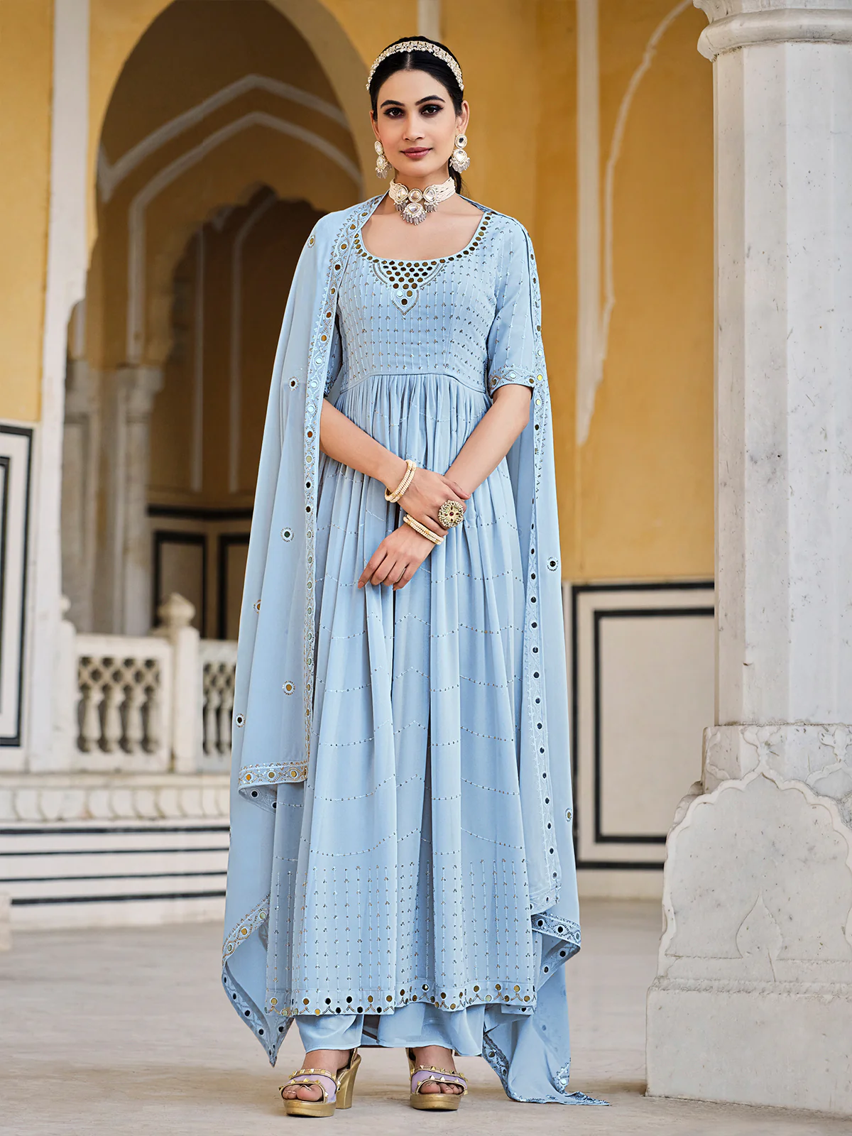 Odette Women Blue Georgette Embroidered Semi Stitched Salwar Suit - Image 2