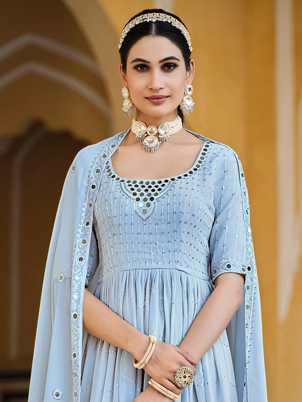 Odette Women Blue Georgette Embroidered Semi Stitched Salwar Suit - Image 3