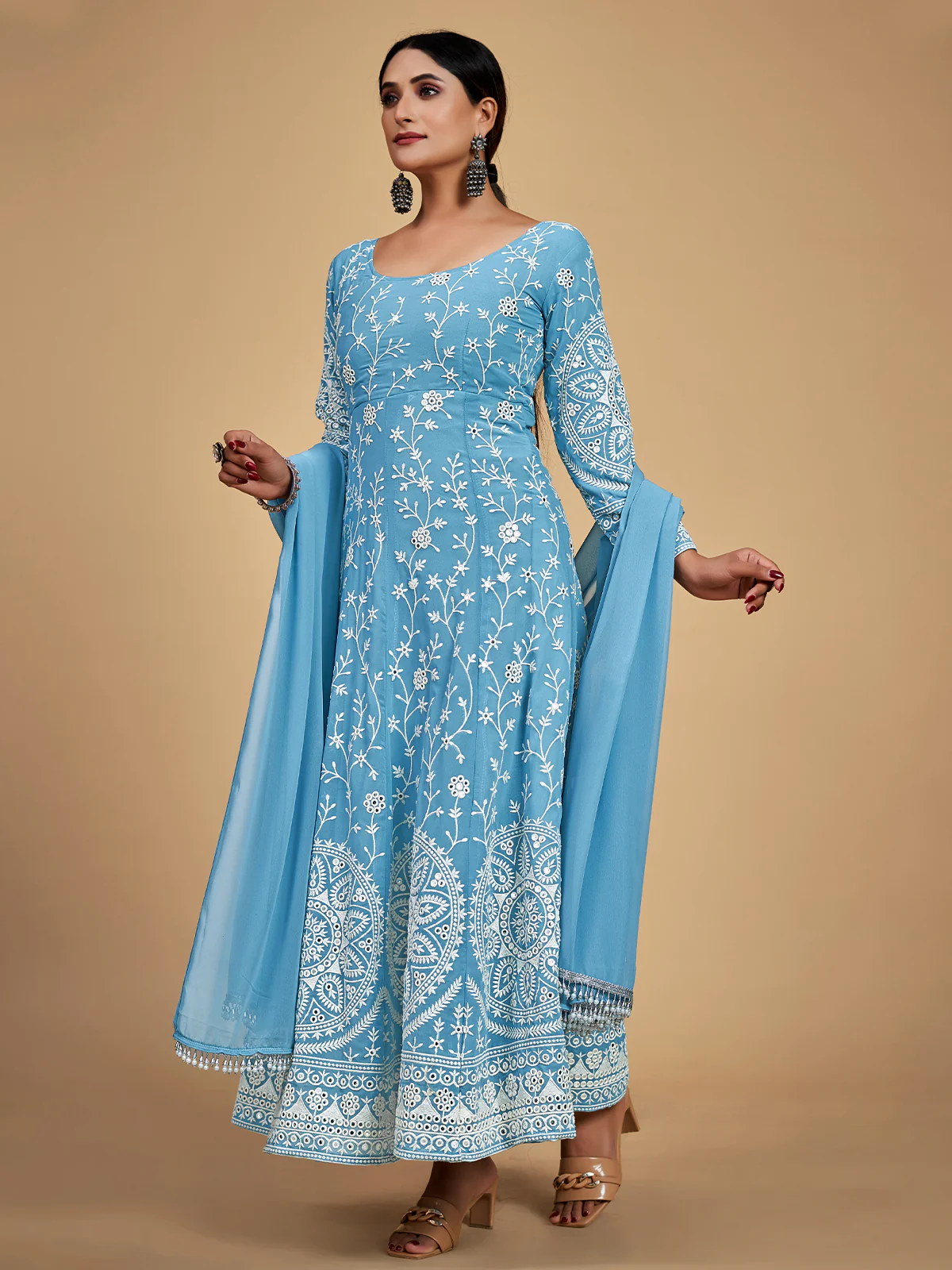 Odette Women Blue Georgette Embroidered Stitched Kurta Set - Image 2