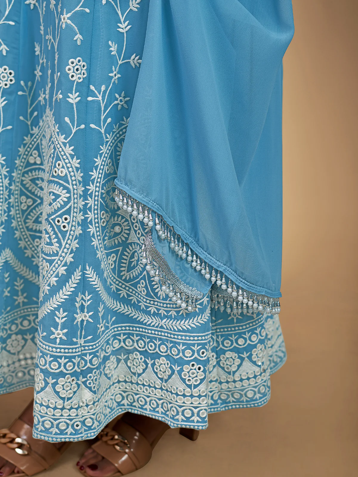 Odette Women Blue Georgette Embroidered Stitched Kurta Set - Image 6