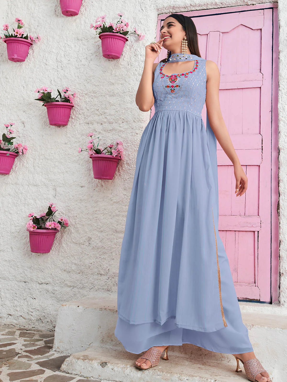 Odette Women Blue Georgette Embroidered Stitched  Salwar Suit - Image 2