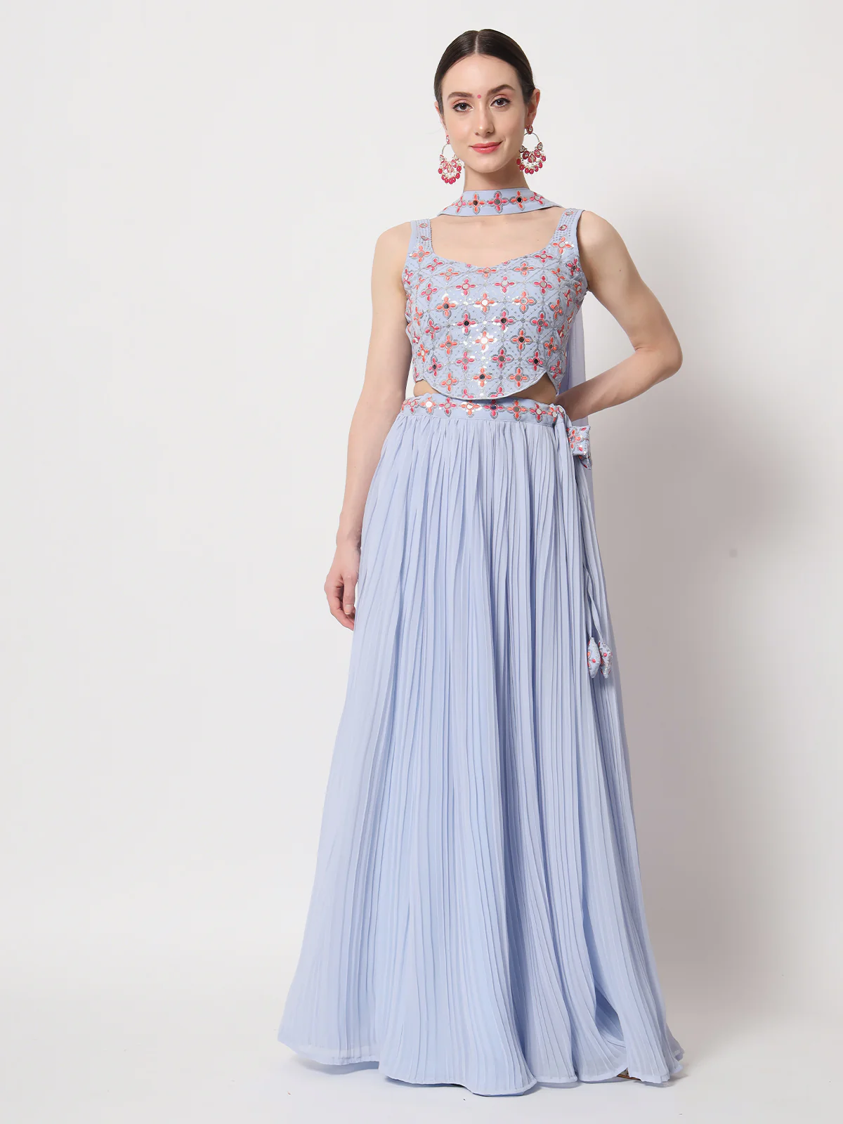 Odette Women Blue Georgette Semi Stitched Lehenga With Unstitched Blouse - Image 3