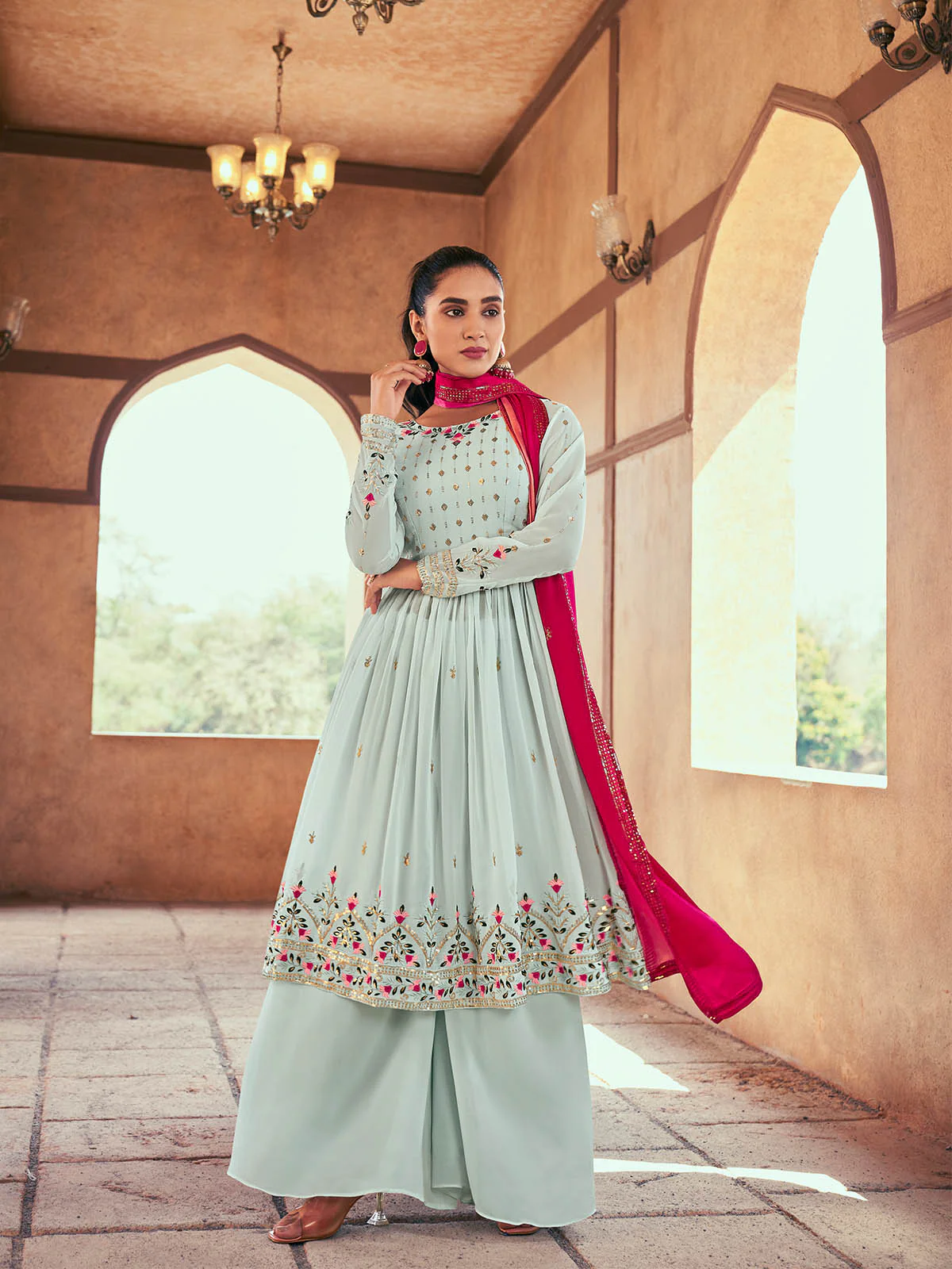 Odette Women Blue Georgette Semi Stitched Palazzo Suit - Image 2