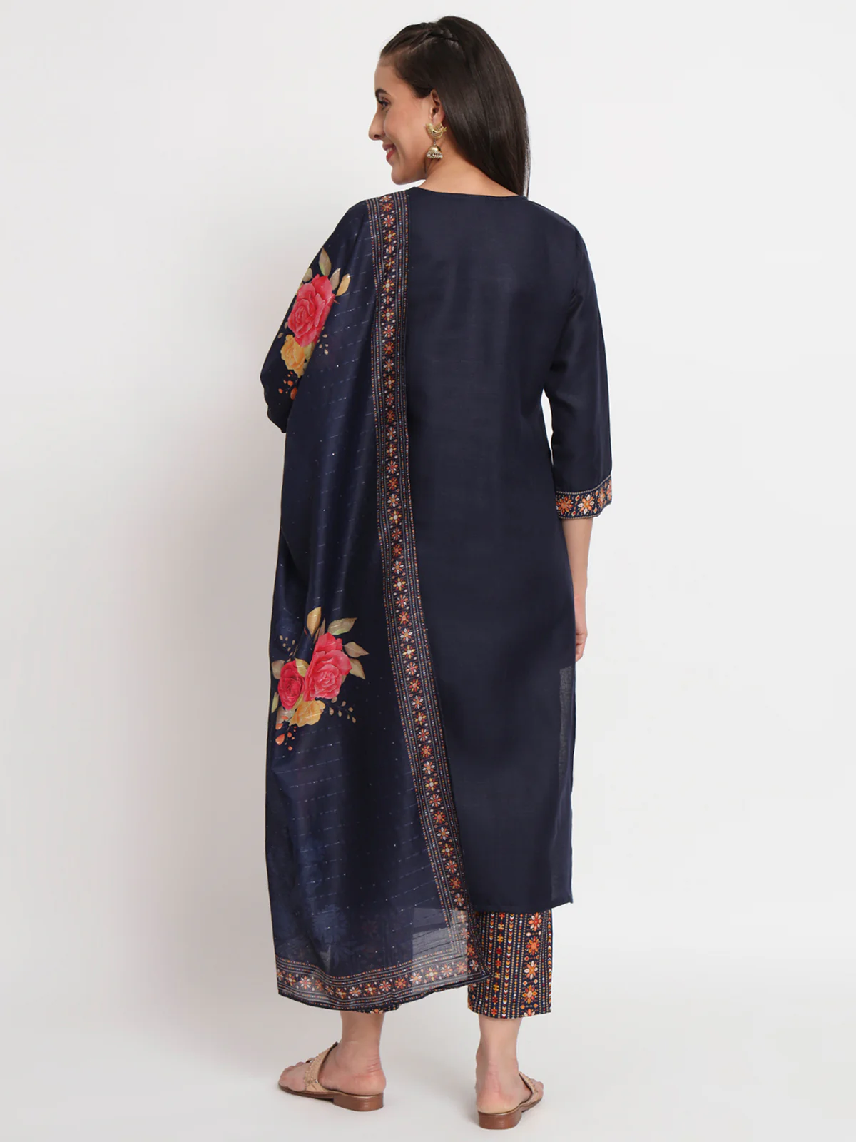 Odette Women Blue Cotton Blend Embroidered Stitched Kurta Set - Image 4