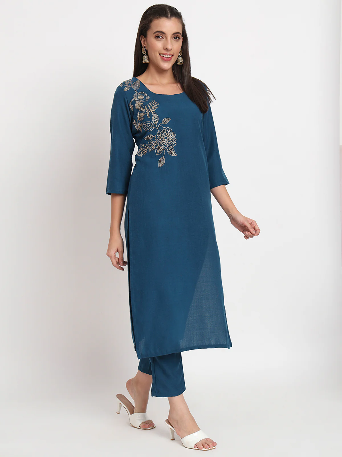 Odette Women Blue Cotton Blend Embroidered Stitched Kurta Set - Image 3