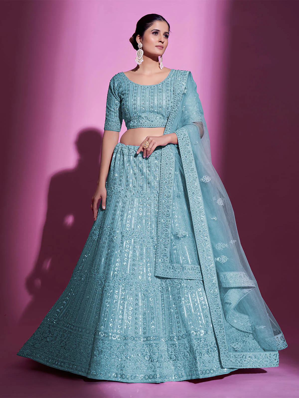 Odette Women Blue Net Embroidered Semi Stitched Lehenga With Unstitched Blouse - Image 2