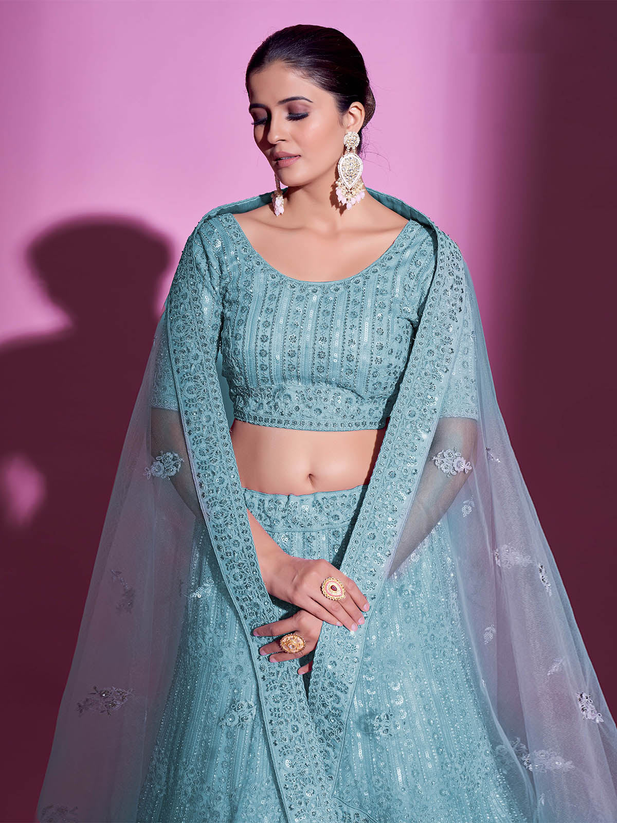 Odette Women Blue Net Embroidered Semi Stitched Lehenga With Unstitched Blouse - Image 7