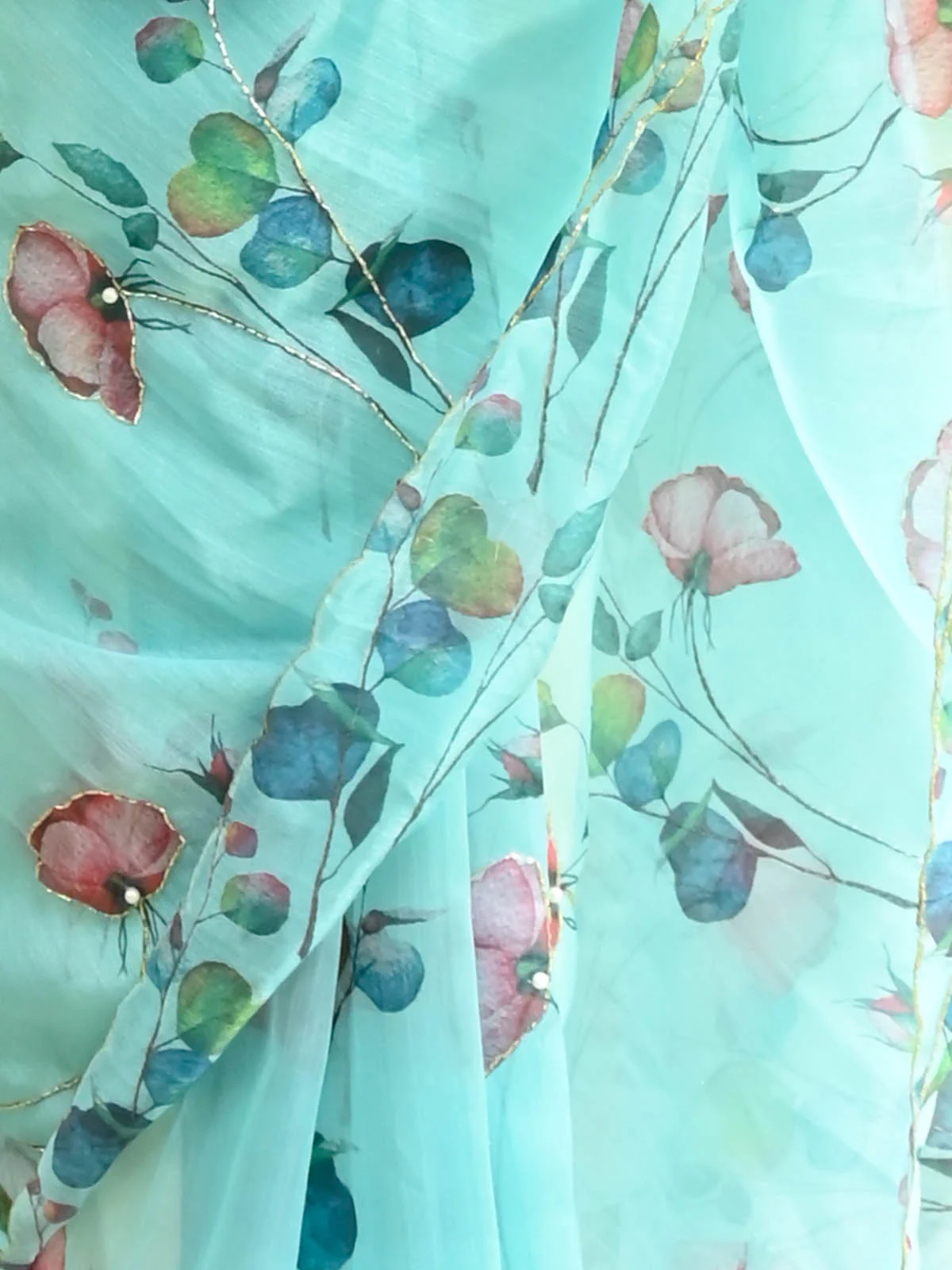 Odette Women Blue Organza Floral Print Saree With Unstitched Blouse - Image 5