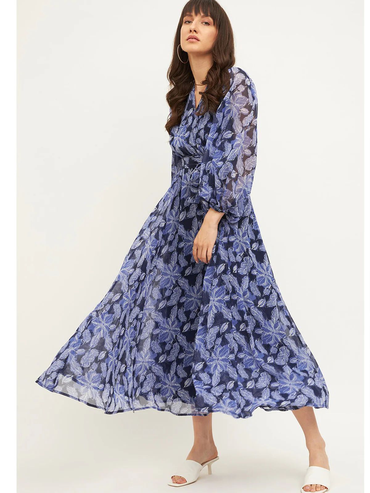 Odette Blue Rayon Stitched Printed Indo Western Dress For Women - Image 2