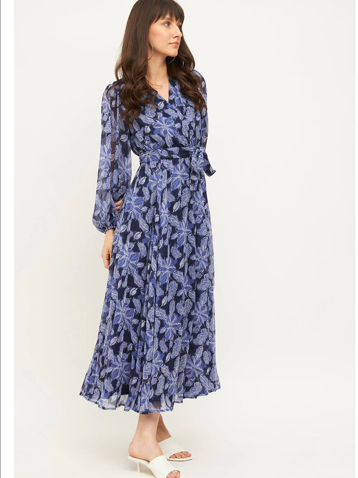 Odette Blue Rayon Stitched Printed Indo Western Dress For Women - Image 3