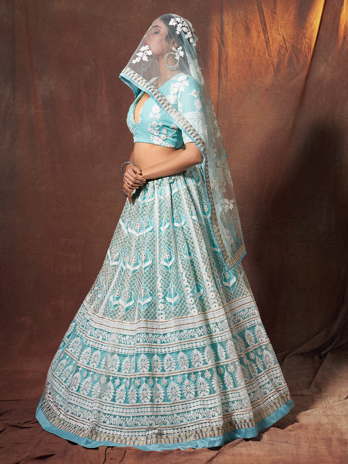 Odette Women Blue Resham, Sequins Semi Stitched Lehenga With Unstitched Blouse - Image 2