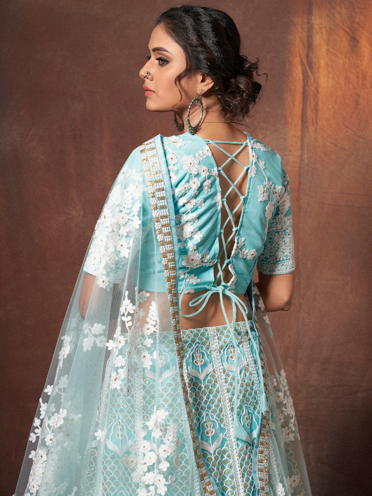 Odette Women Blue Resham, Sequins Semi Stitched Lehenga With Unstitched Blouse - Image 4