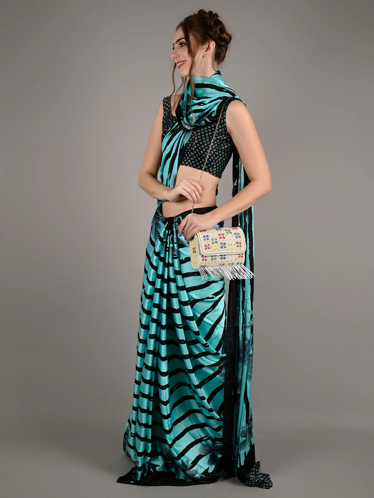 Odette Women Blue Satin Crepe Stripes Saree With Unstitched Blouse - Image 2