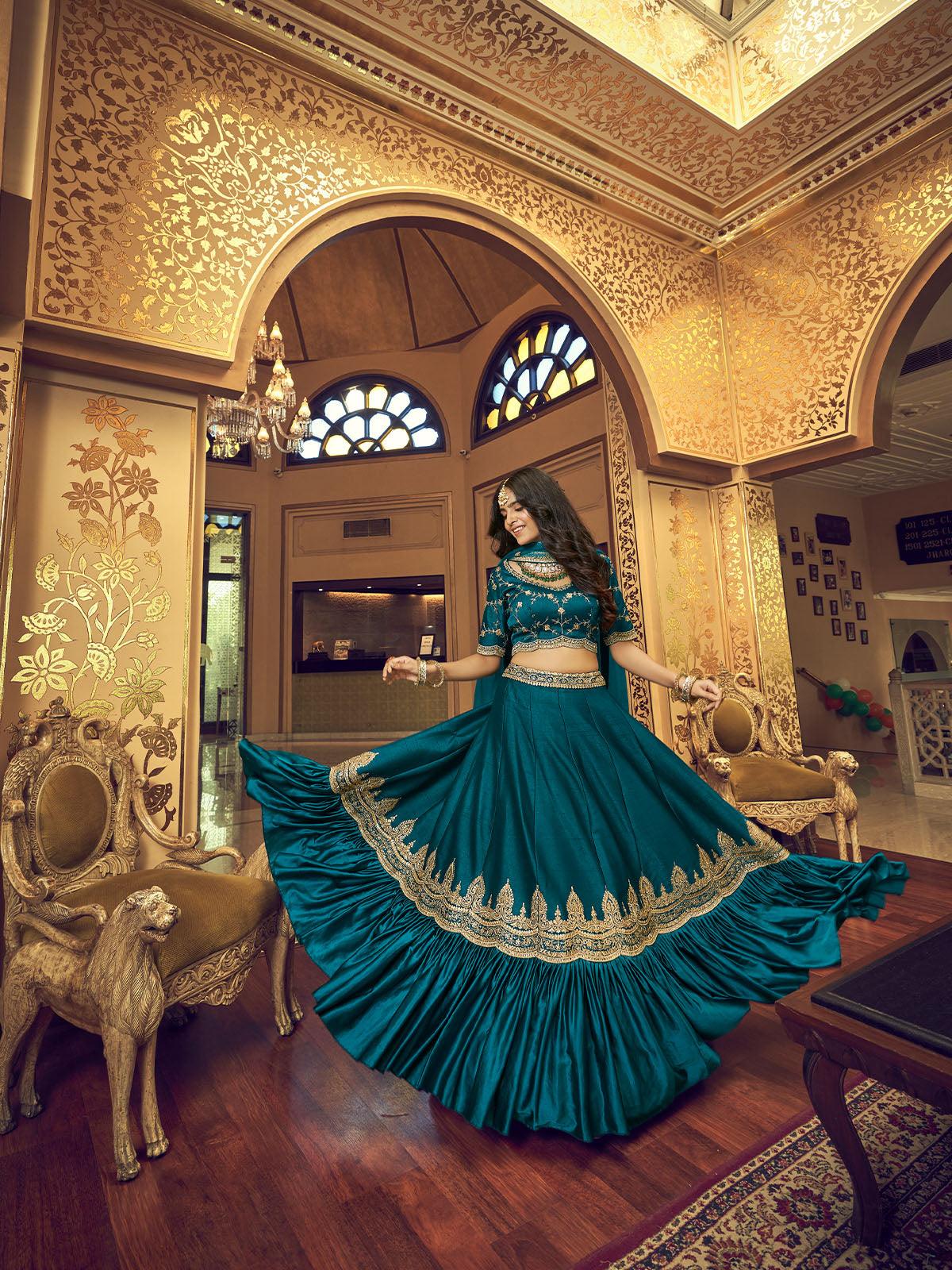 Odette Women Teal Silk And Satin Semi Stitched Lehenga With  Unstitched Blouse - Image 3