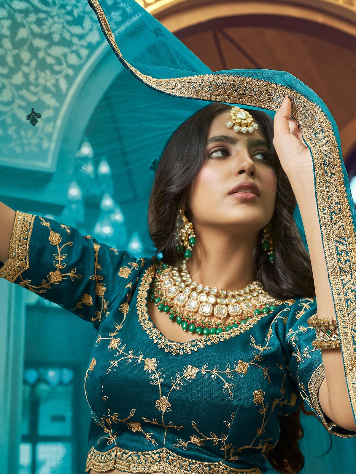 Odette Women Teal Silk And Satin Semi Stitched Lehenga With  Unstitched Blouse - Image 4