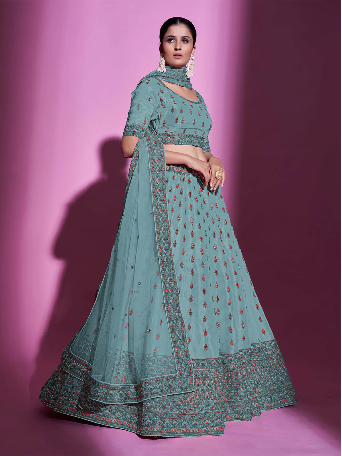 Odette Women Blue Silk Blend Embroidered Semi Stitched Lehenga With Unstitched Blouse - Image 3