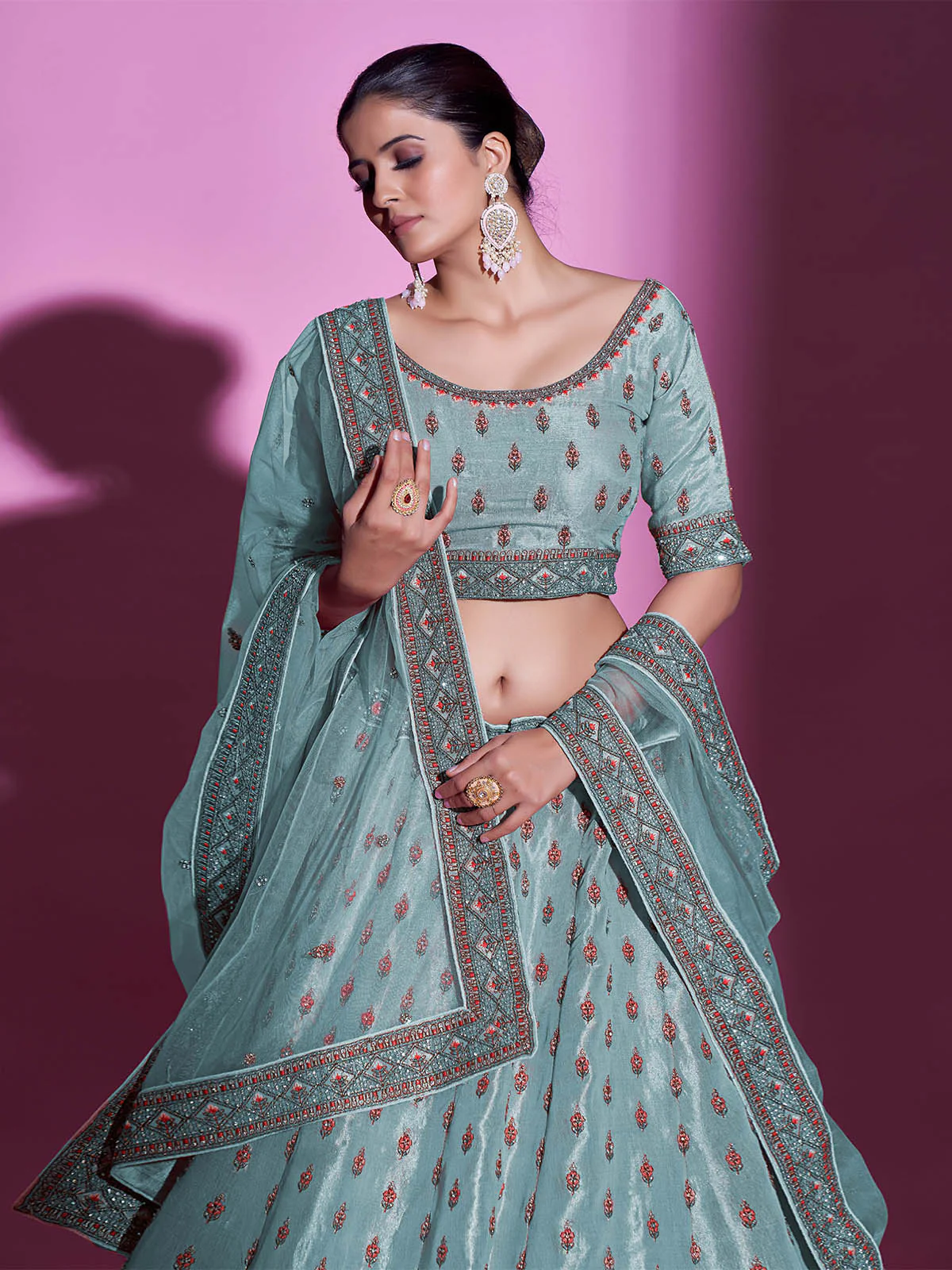 Odette Women Blue Silk Blend Embroidered Semi Stitched Lehenga With Unstitched Blouse - Image 4