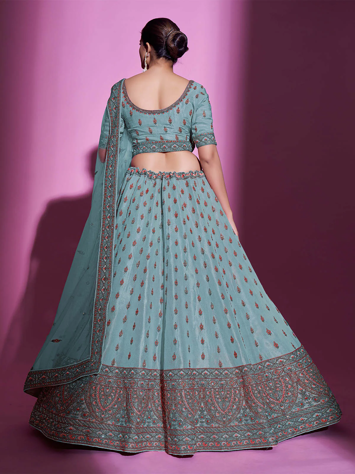 Odette Women Blue Silk Blend Embroidered Semi Stitched Lehenga With Unstitched Blouse - Image 5
