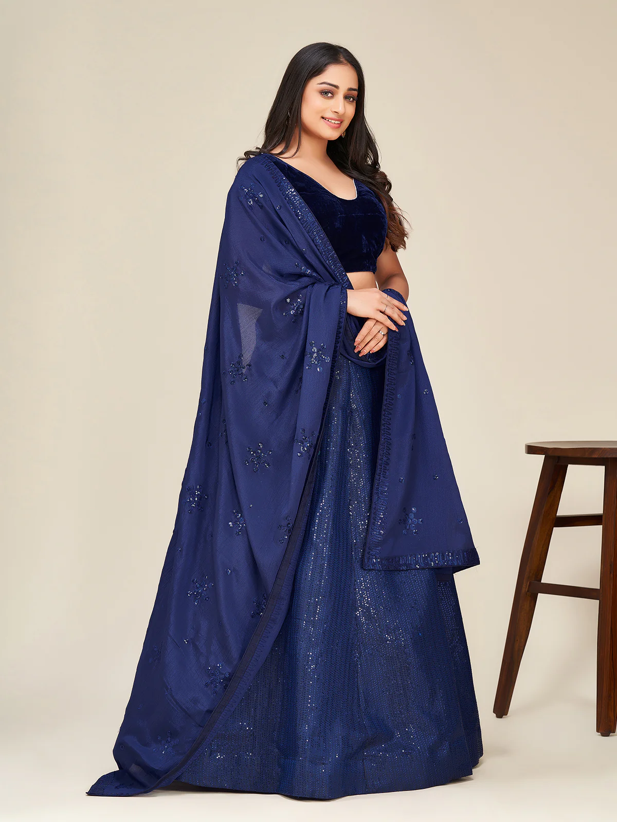 Odette Women Blue Silk Blend Semi Stitched Lehenga Set - Image 3