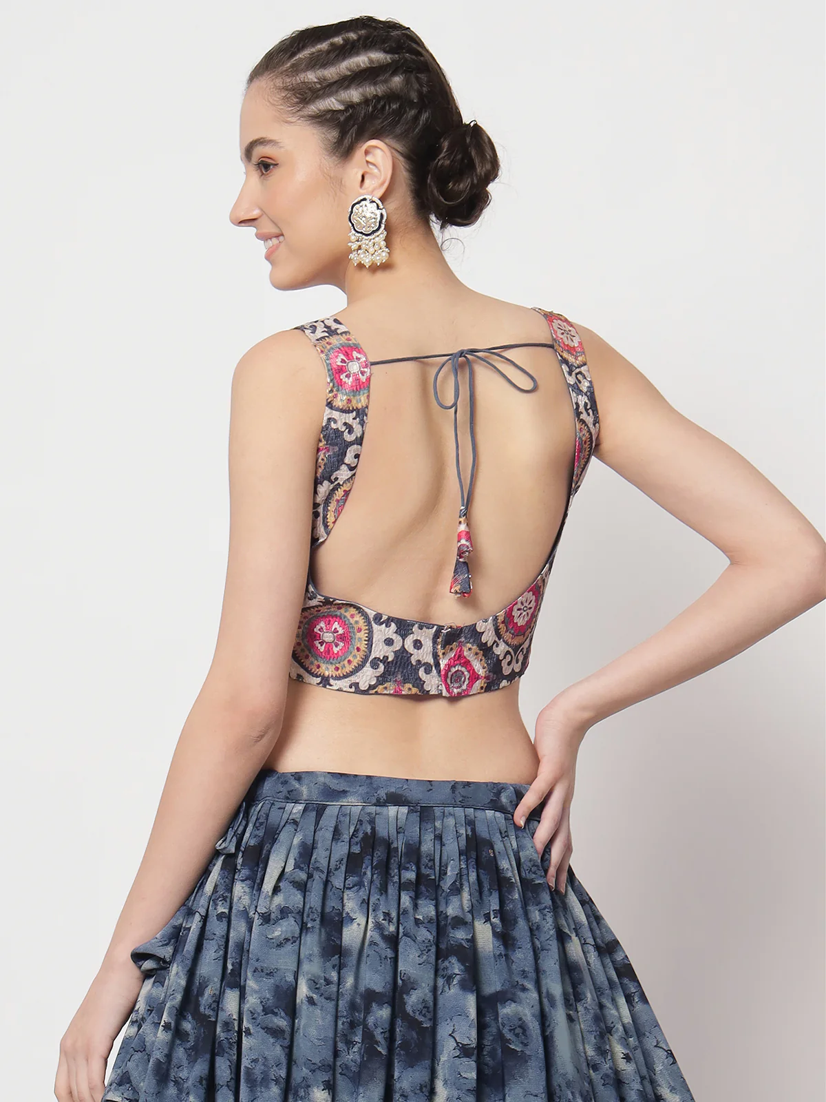 Odette Women Blue Silk Print With Sequince Embroidered Semi Stitched Lehenga Choli - Image 3
