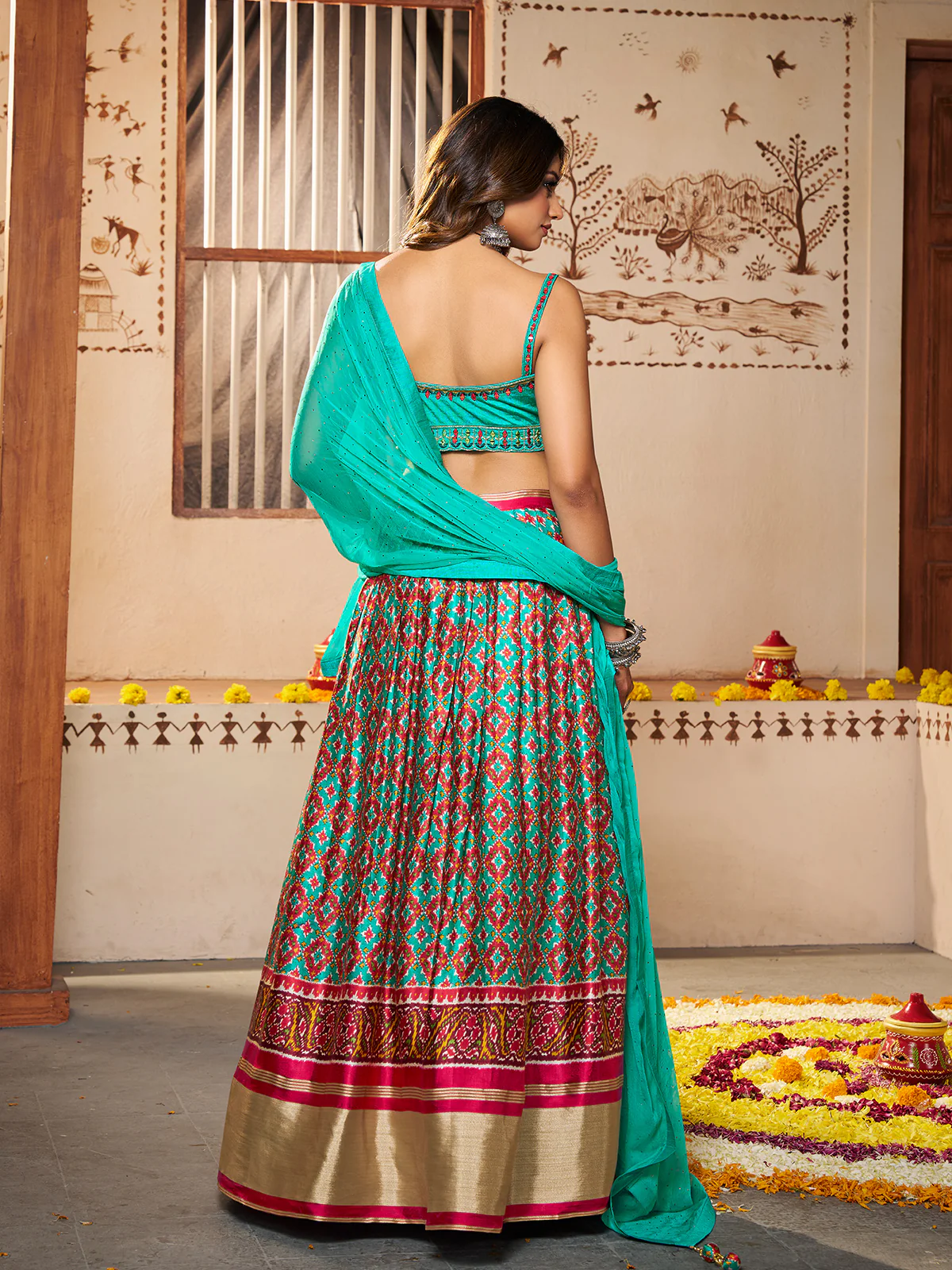 Odette Women Blue Silk Printed Semi Stitched Lehenga With Unstitched Blouse - Image 4