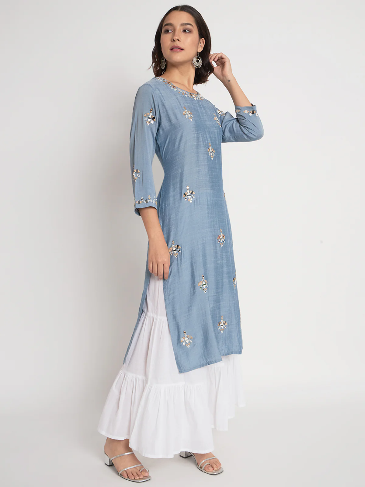 Odette Women Blue Viscose Embroidered Stitched Kurta Set - Image 4