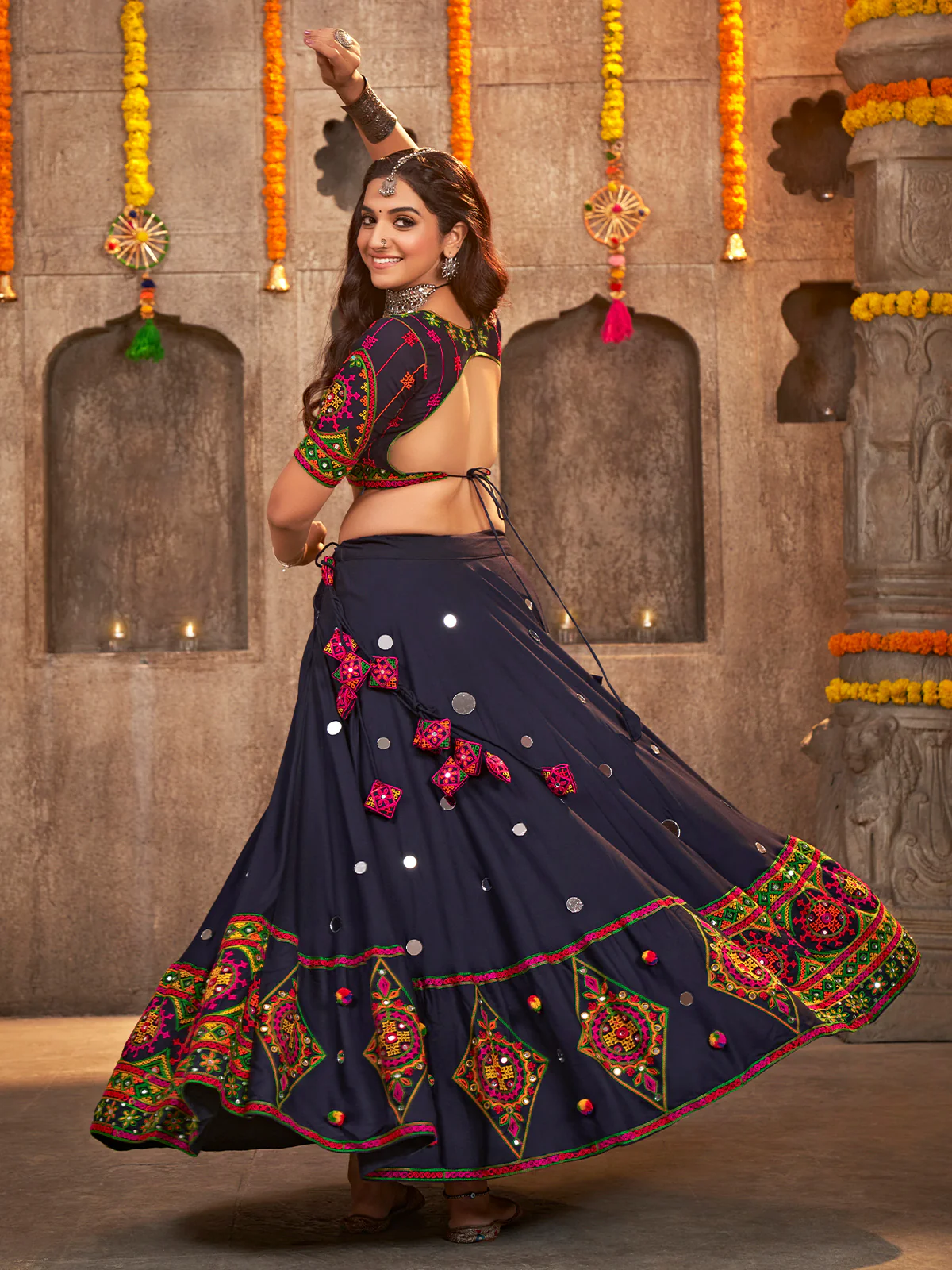 Odette Blue Viscose Rayon Embroidered Stitched Lehenga With  Unstitched Choli For Women - Image 3