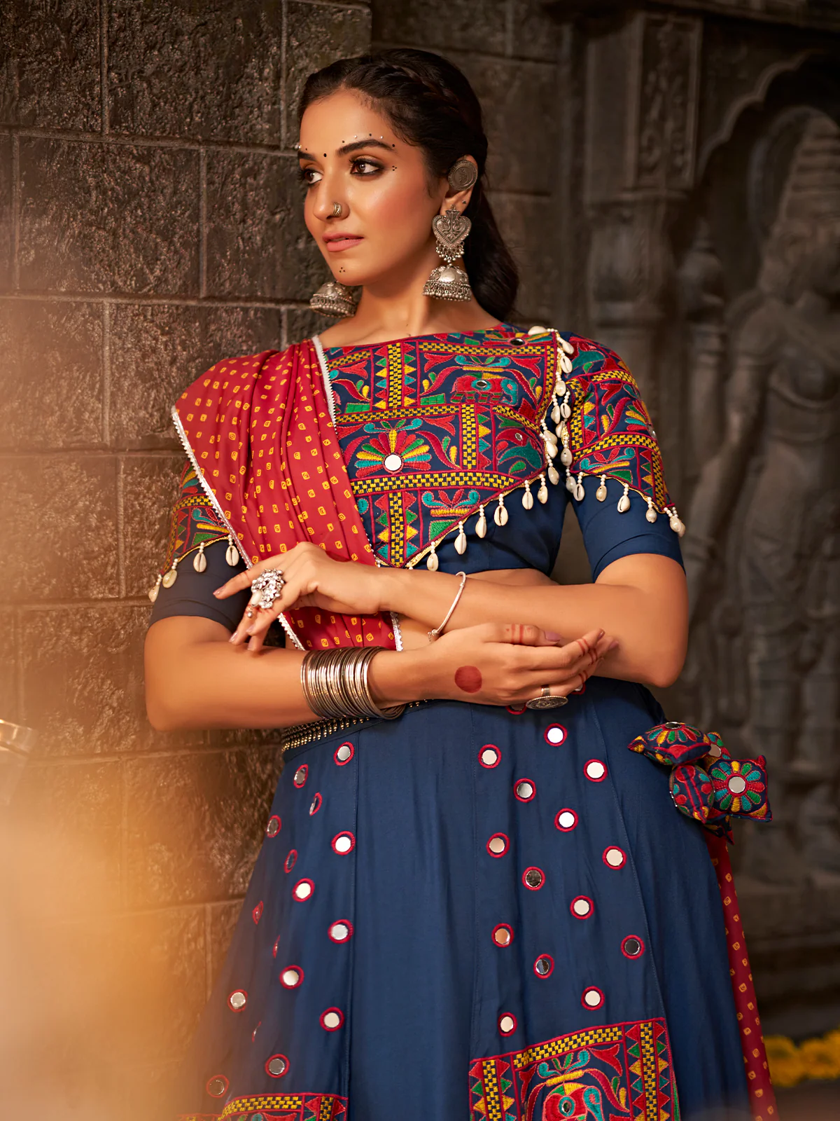 Odette Blue Viscose Rayon Embroidered Semi Stitched Lehenga Choli For Women - Image 3
