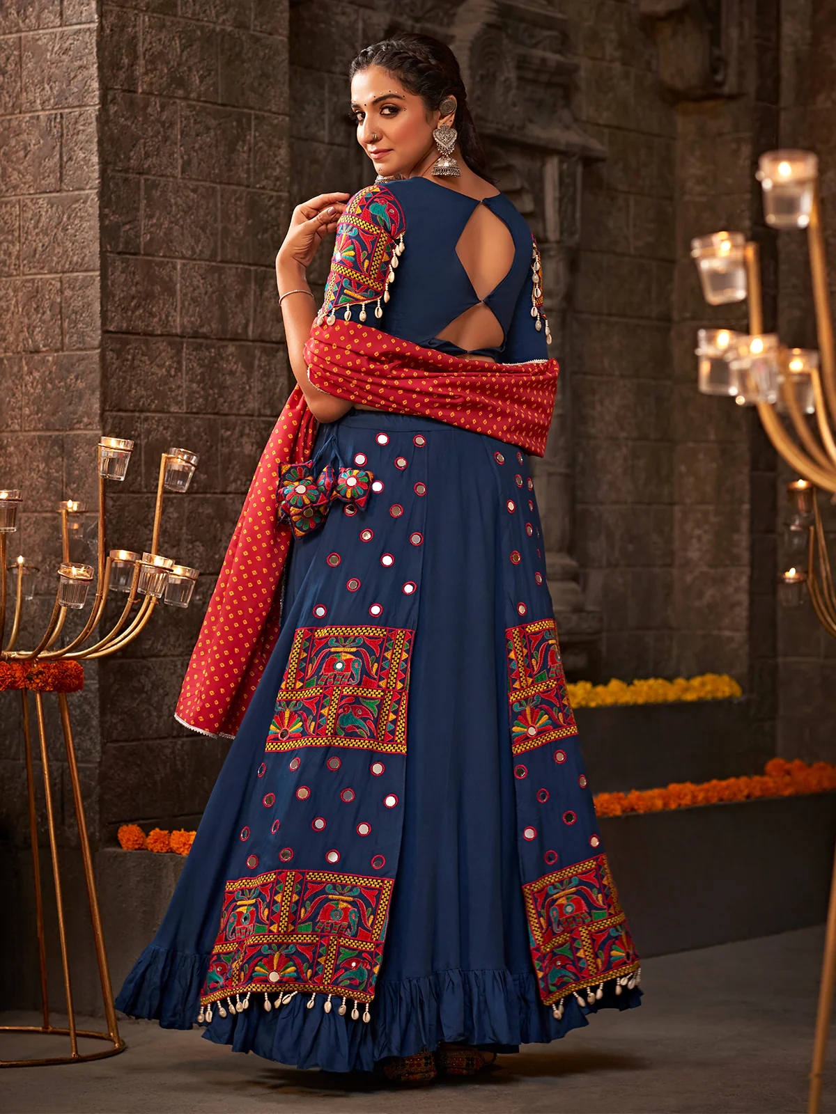 Odette Blue Viscose Rayon Embroidered Semi Stitched Lehenga Choli For Women - Image 4