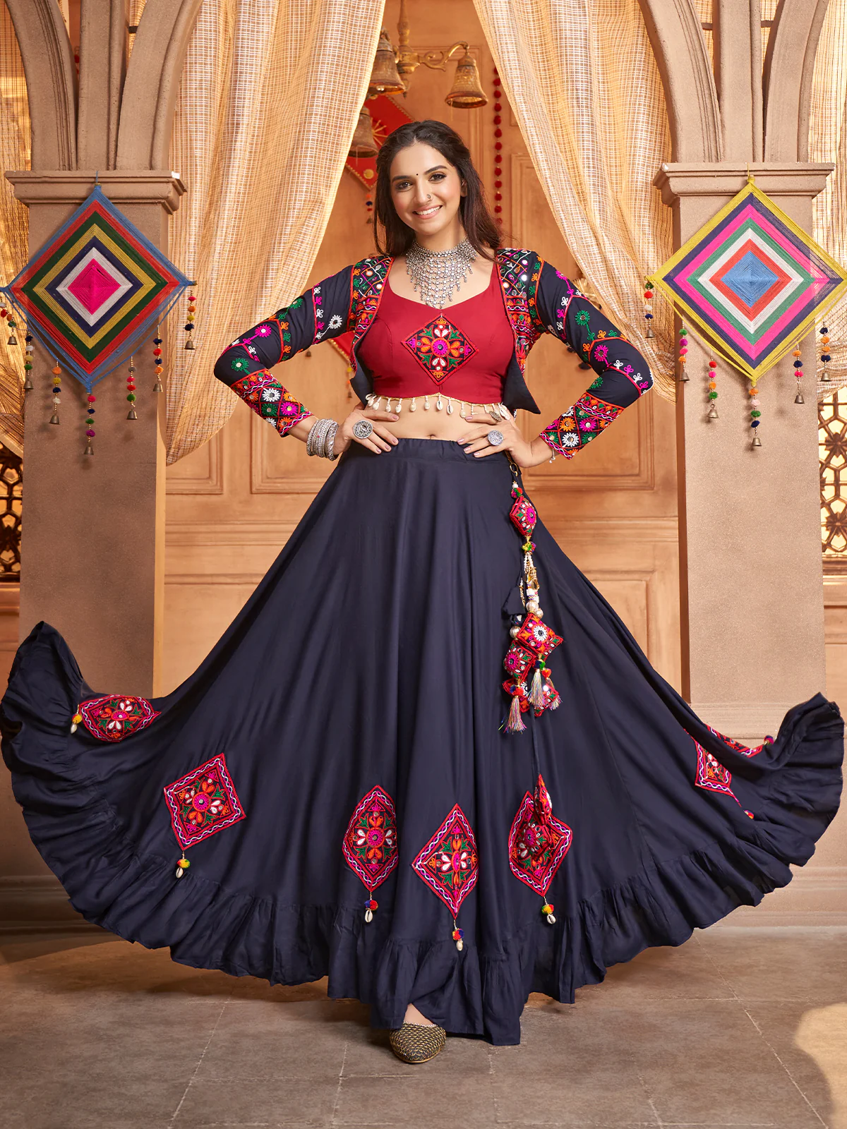 Odette Blue Viscose Rayon Embroidered Stitched Lehenga Choli For Women - Image 2