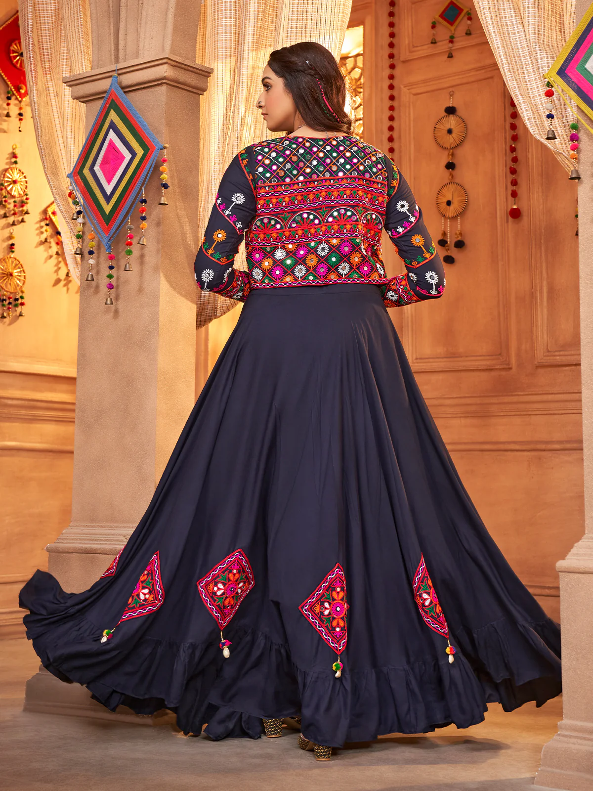 Odette Blue Viscose Rayon Embroidered Stitched Lehenga Choli For Women - Image 5