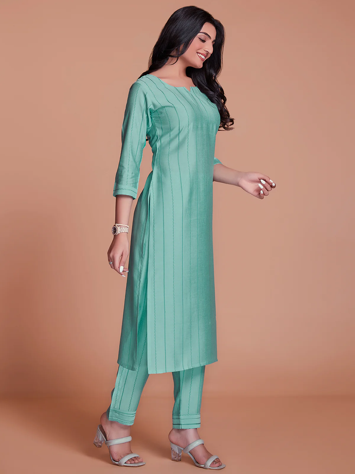 Odette Women Blue Woven Stitched Kurta Set - Image 3