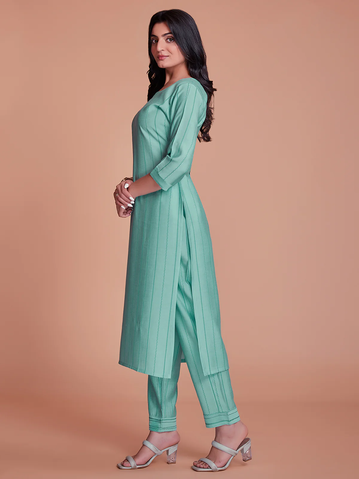 Odette Women Blue Woven Stitched Kurta Set - Image 4