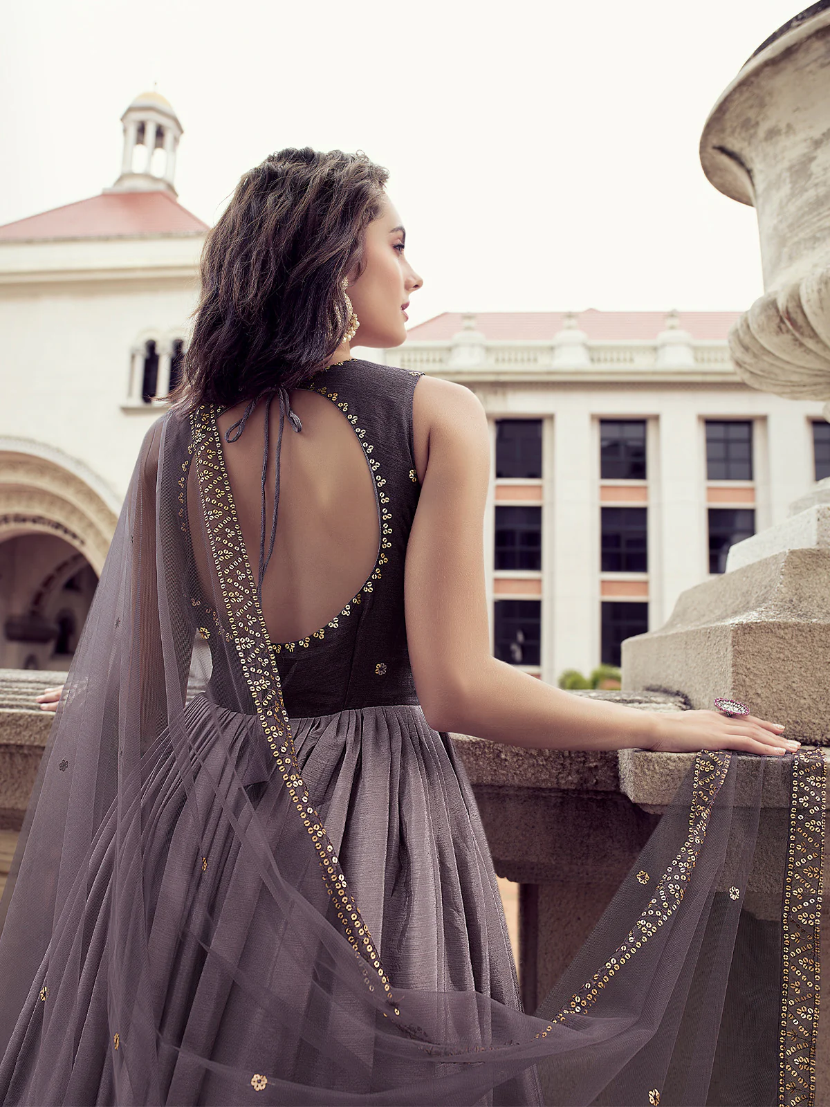 Odette Women Blush Voilet Shaded Semi Stitched Gown With Dupatta - Image 3