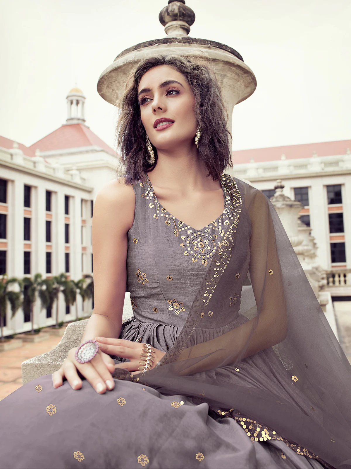 Odette Women Blush Voilet Shaded Semi Stitched Gown With Dupatta - Image 4