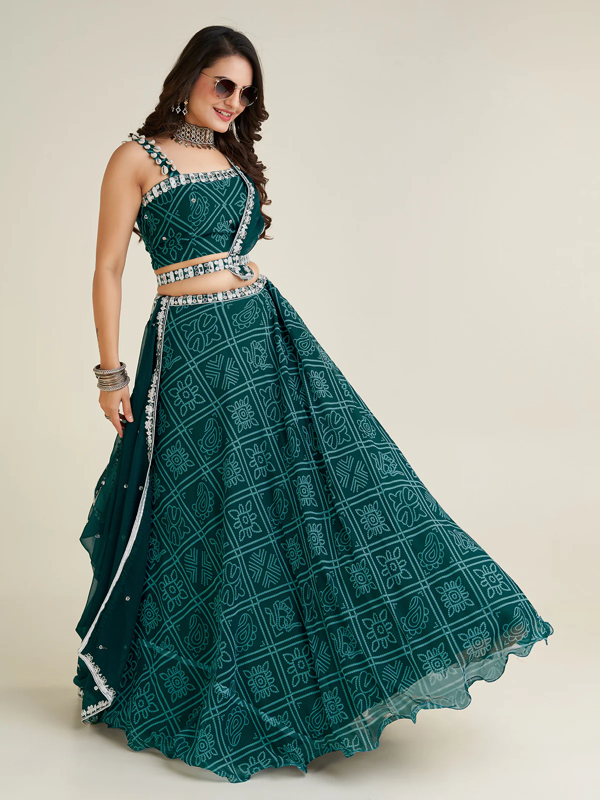 Odette Women Bottle Green Georgette Printed Semi Stitched Lehenga With Unstitched Blouse - Image 2