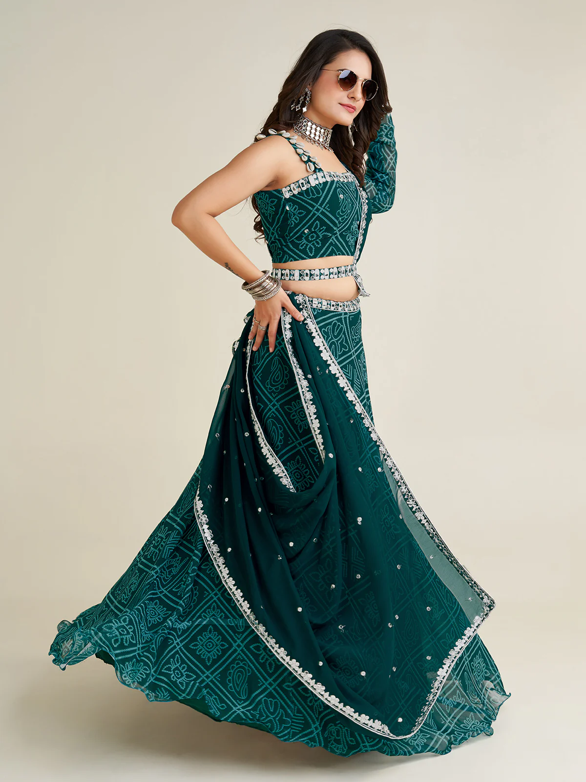 Odette Women Bottle Green Georgette Printed Semi Stitched Lehenga With Unstitched Blouse - Image 3