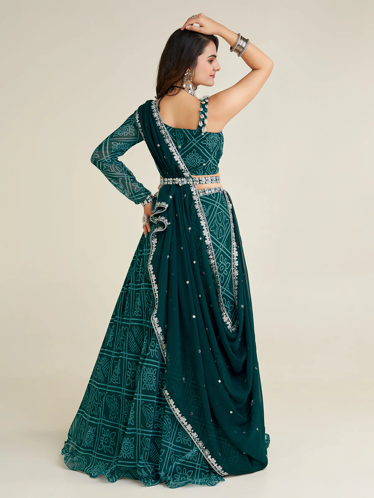 Odette Women Bottle Green Georgette Printed Semi Stitched Lehenga With Unstitched Blouse - Image 4