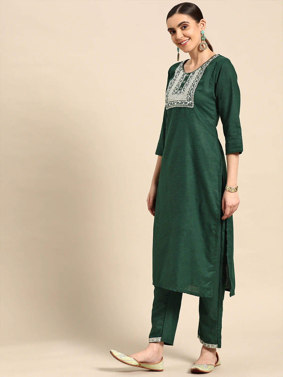 Odette Women Bottle Green Poly Cotton Embroidered Stitched Kurta With Trouser & Dupatta - Image 2