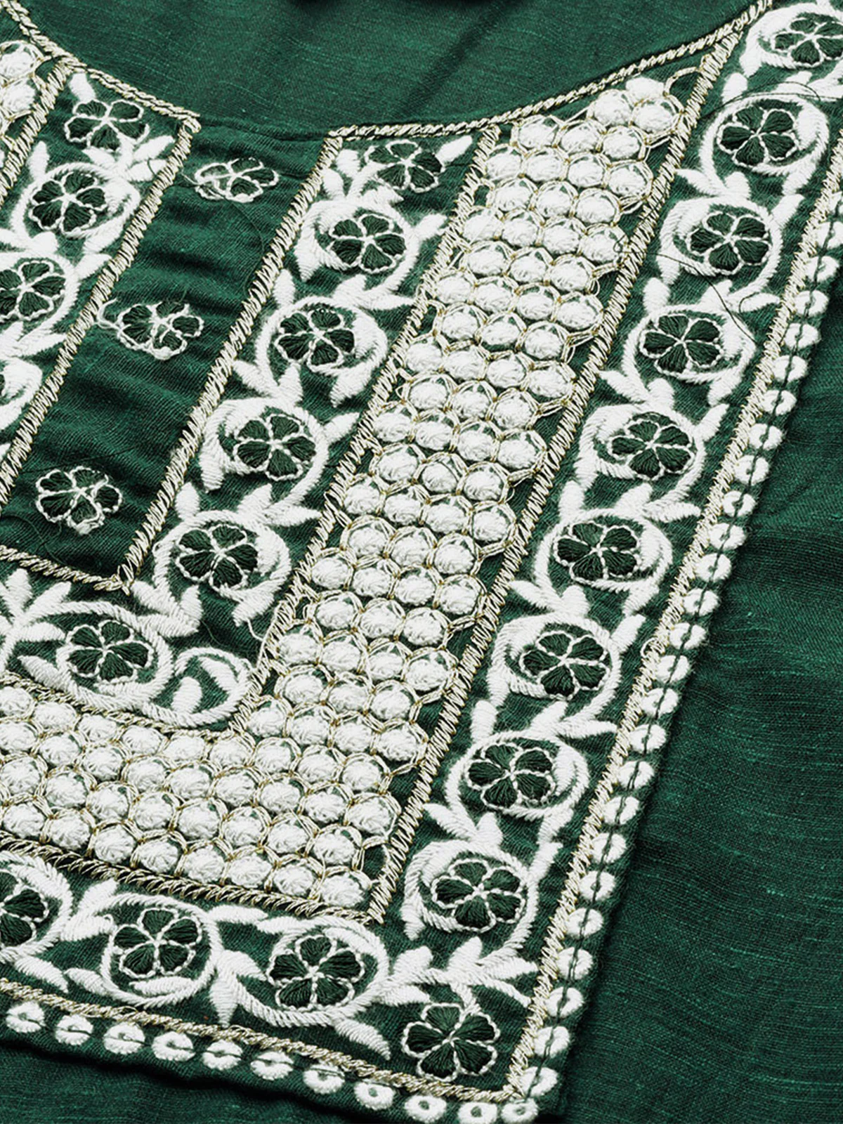 Odette Women Bottle Green Poly Cotton Embroidered Stitched Kurta With Trouser & Dupatta - Image 5