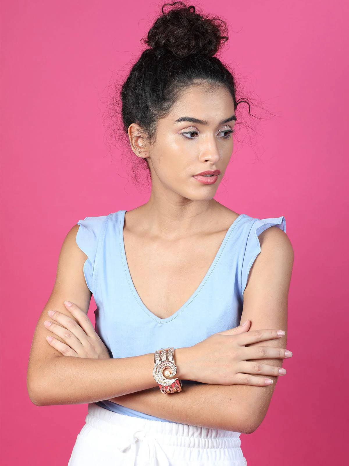 Odette Women Broad Gold Studded Bracelet - Image 2
