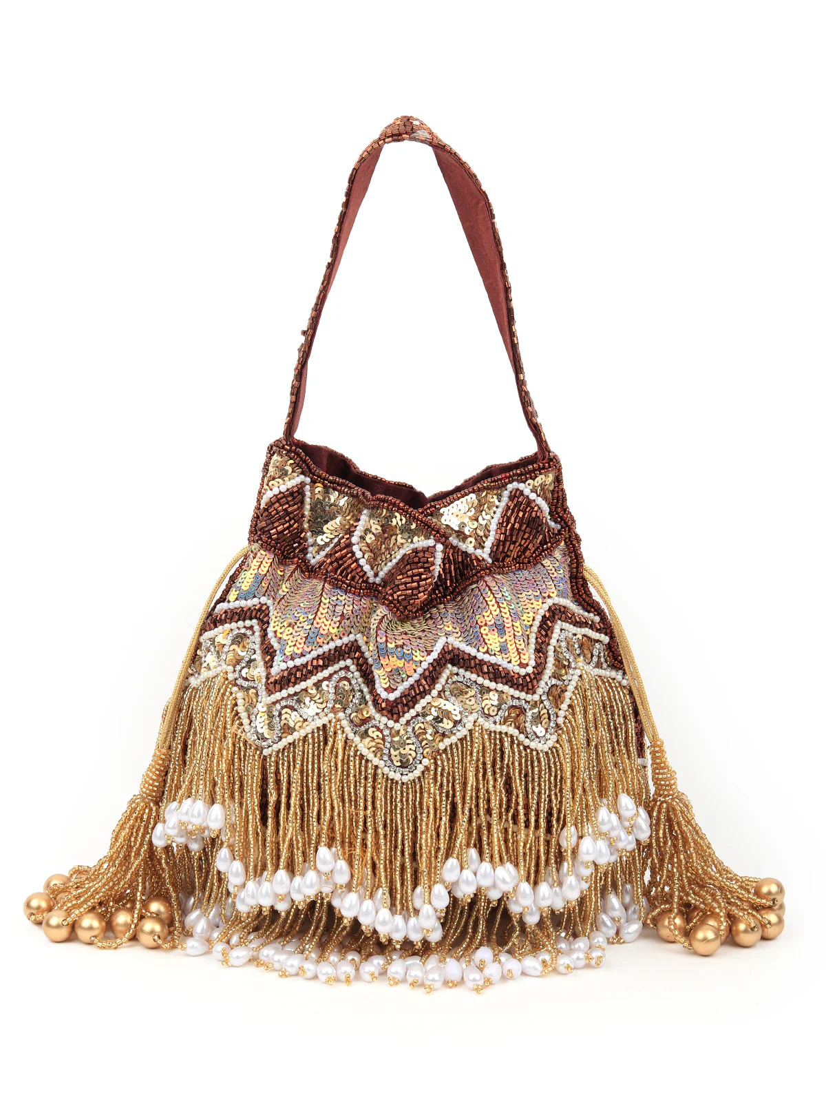 Odette Women Brown And Gold Tassel Potli Bag - Image 3