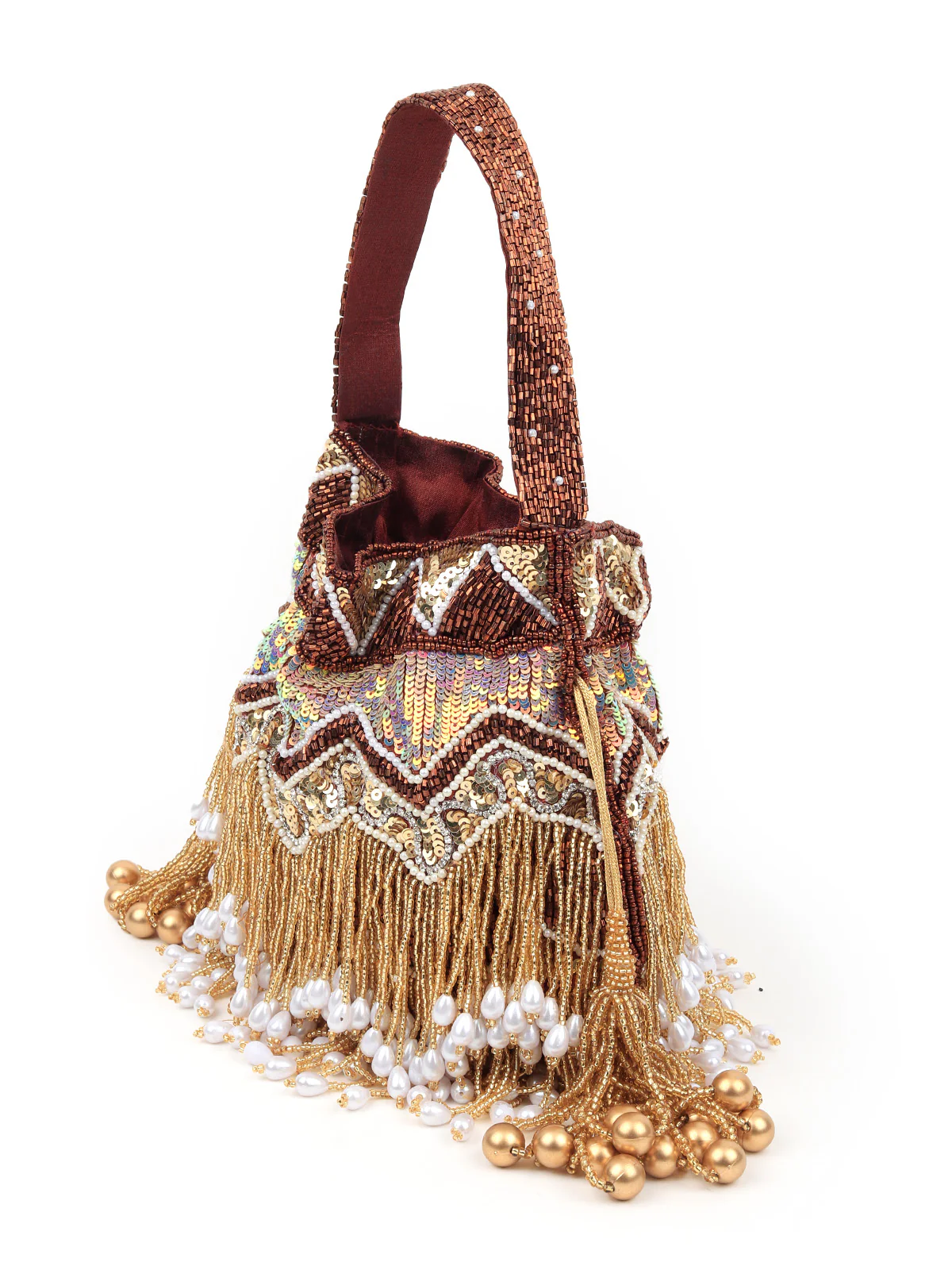 Odette Women Brown And Gold Tassel Potli Bag - Image 4