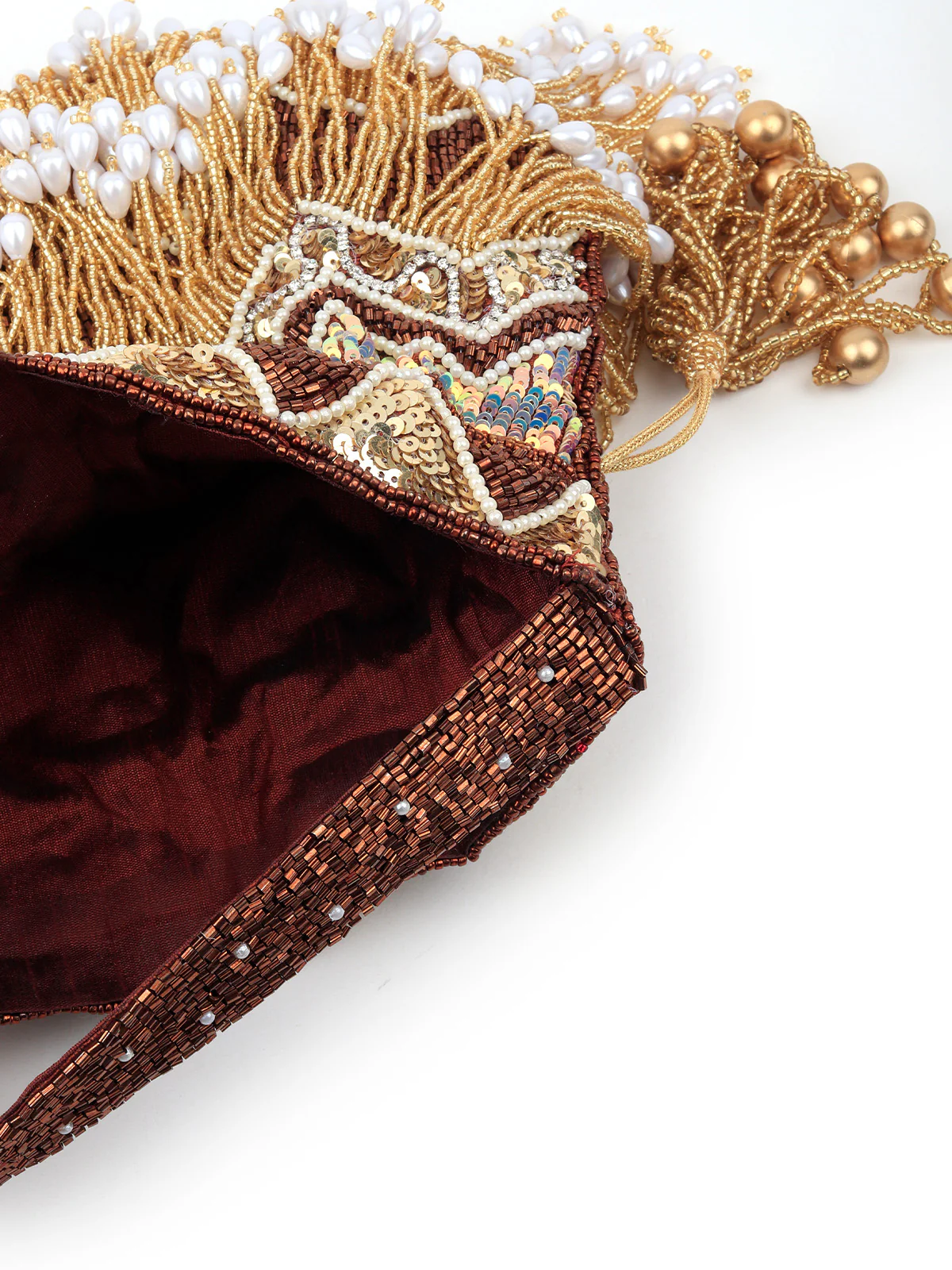 Odette Women Brown And Gold Tassel Potli Bag - Image 5
