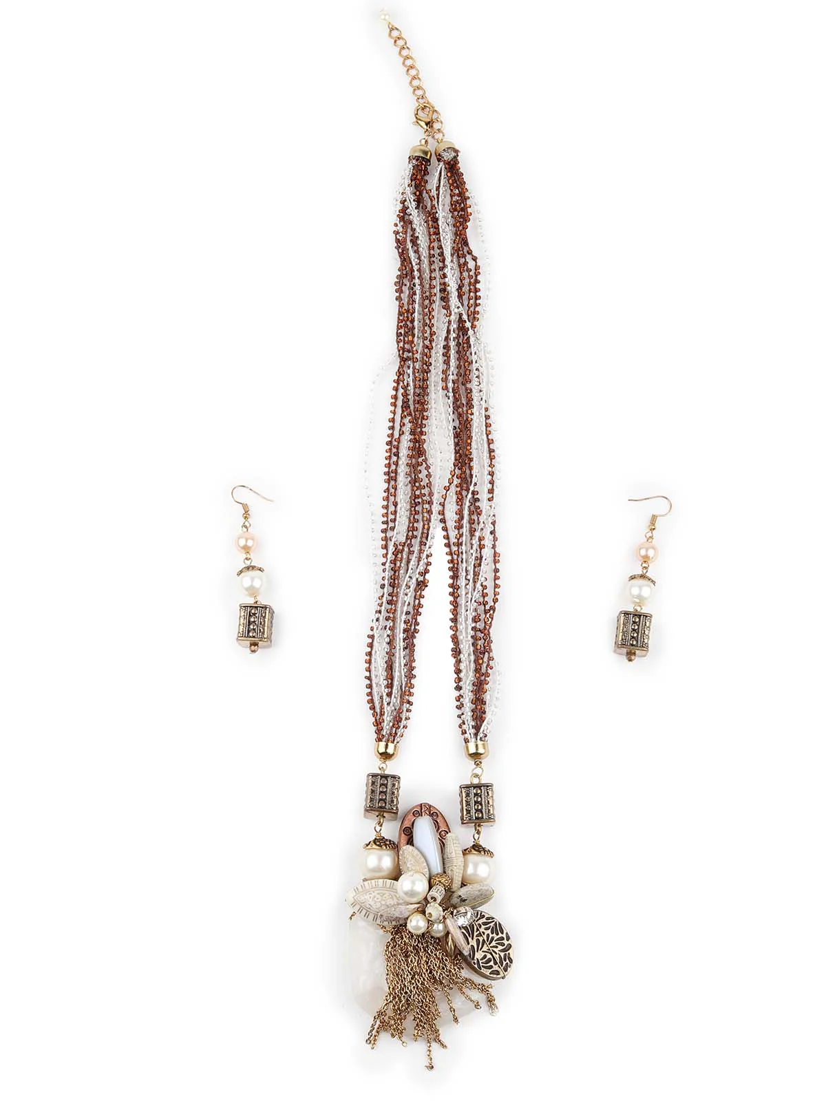 Odette Women Brown And White Long Necklace Set - Image 3