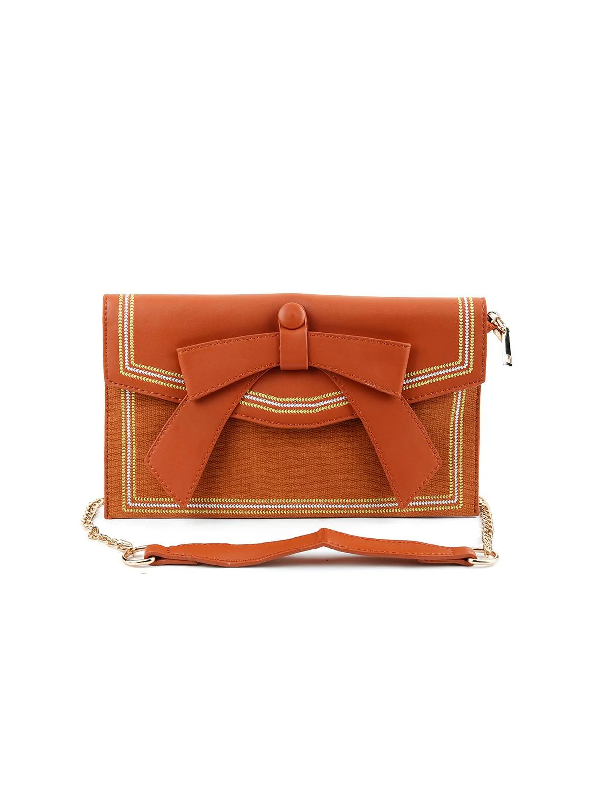 Odette Women Brown Bow Design Envelope Shape Handbag - Image 3