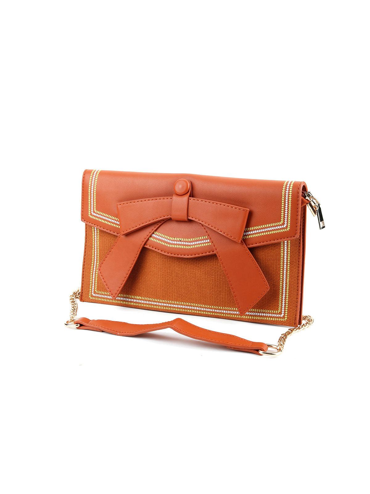 Odette Women Brown Bow Design Envelope Shape Handbag - Image 5